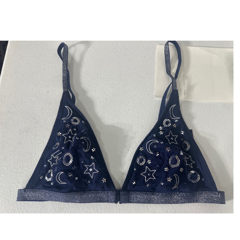 Victoria's Secret Navy Blue Celestial Moon Star Sequin Triangle Bralette Small